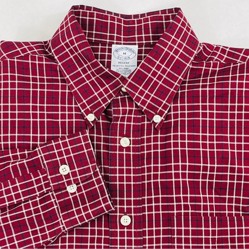 Brooks Brothers Regent Shirt Mens Medium Red Plaid Long Sleeve Non-Iron Cotton
